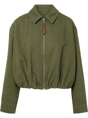 Womens Army Green Polyester Lapel Collared Long Sleeve Pocket Zip Up Jean Jacket